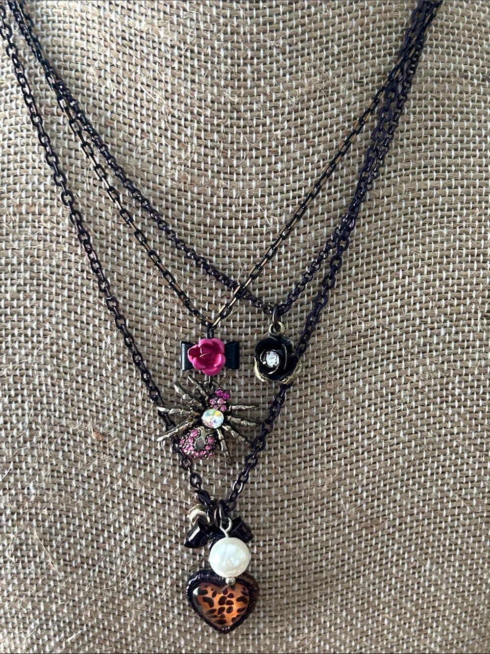 Betsey Johnson Antique Bronze Multi-Layer Necklace with Pink Flower/2 necklaces - Picture 7 of 10